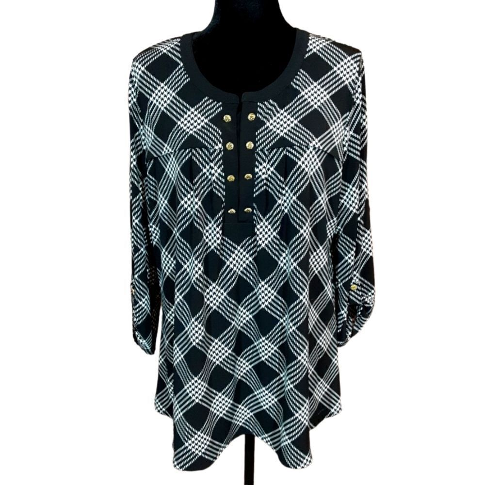 Anne Klein Plaid Tunic Black & White Gold Buttons Tabbed‎ Sleeves sz XL